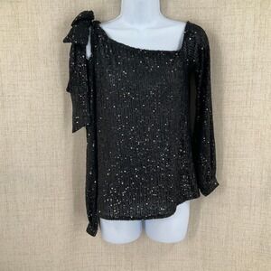 CeCe Top Women Sz S Black Sequin One Shoulder Bow Blouse Glam Cocktail Party
